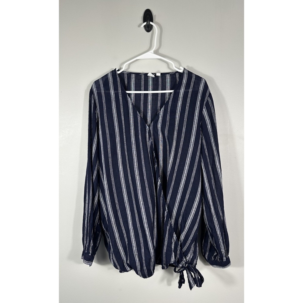 Gap Maternity Top Womens XL Blue Striped Linen Blend Faux Wrap Coastal Nautical‎